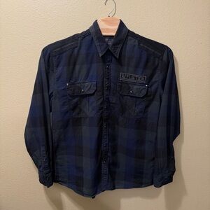 Men’s 2XL Affliction for Buckle Navy Blue Black Premium Embroidered Flannel